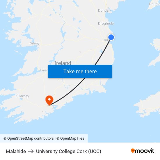 Malahide to University College Cork (UCC) map