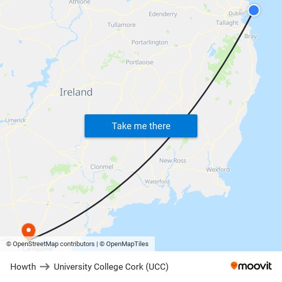 Howth to University College Cork (UCC) map