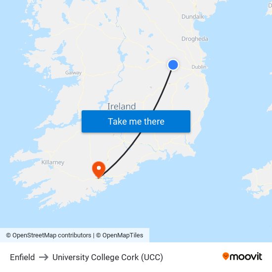 Enfield to University College Cork (UCC) map