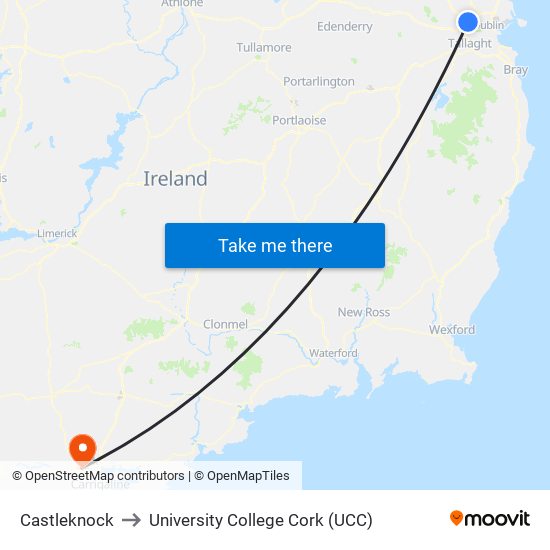 Castleknock to University College Cork (UCC) map