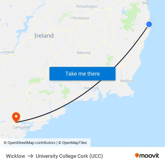 Wicklow to University College Cork (UCC) map