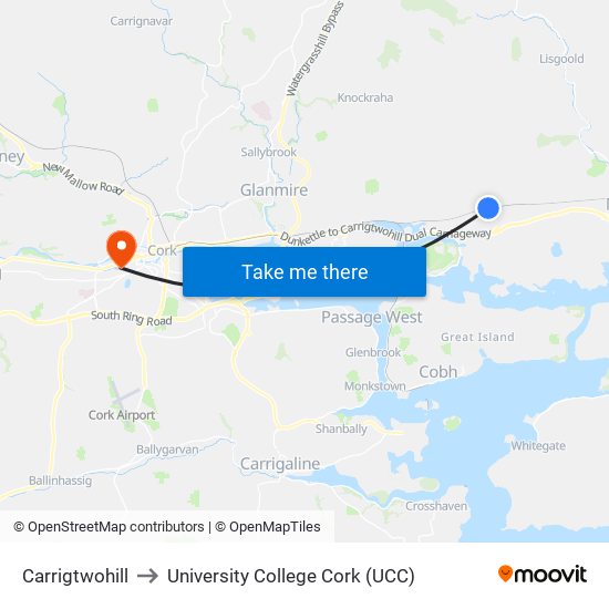 Carrigtwohill to University College Cork (UCC) map