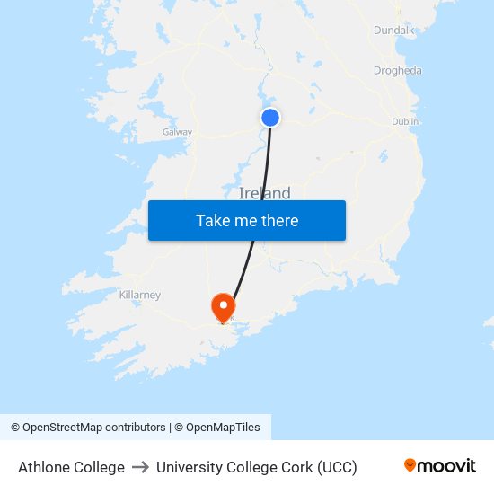 Athlone College to University College Cork (UCC) map