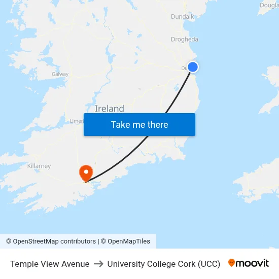 Temple View Avenue to University College Cork (UCC) map
