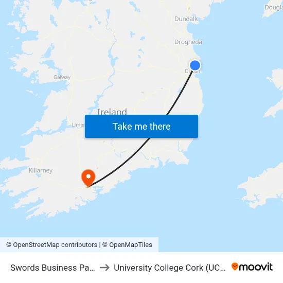 Swords Business Park to University College Cork (UCC) map