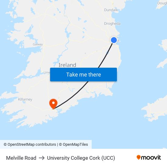 Melville Road to University College Cork (UCC) map