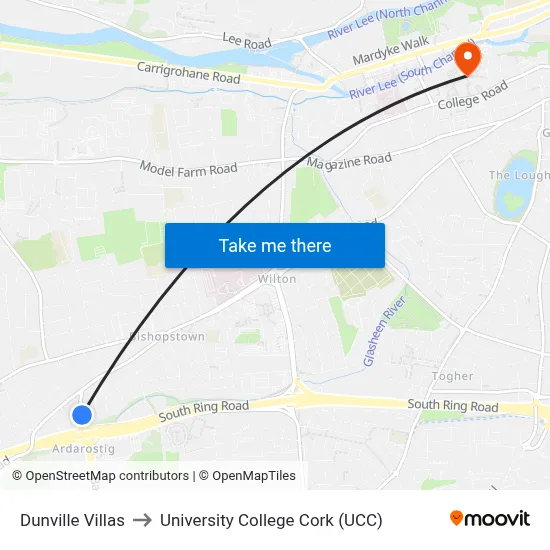 Dunville Villas to University College Cork (UCC) map