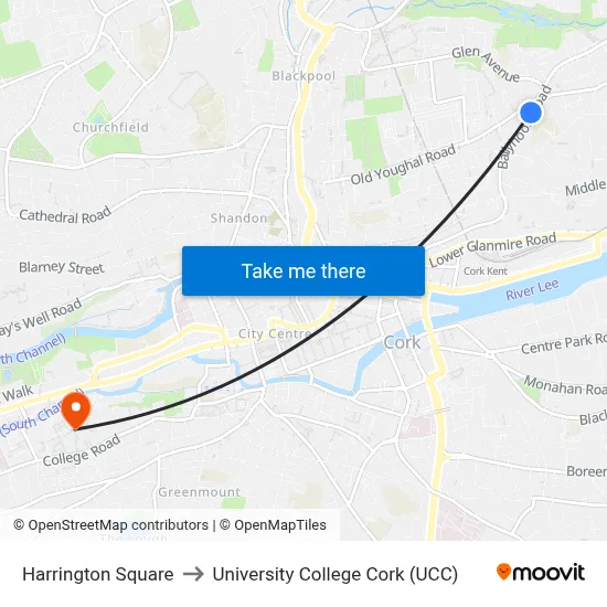 Harrington Square to University College Cork (UCC) map