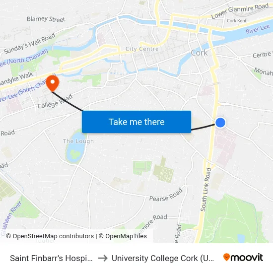 Saint Finbarr's Hospital to University College Cork (UCC) map