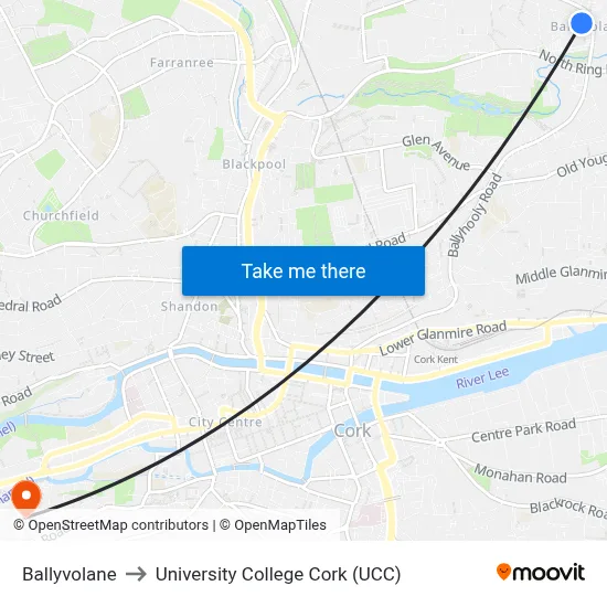 Ballyvolane to University College Cork (UCC) map