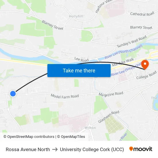 Rossa Avenue North to University College Cork (UCC) map