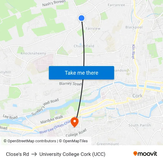 Close's Rd to University College Cork (UCC) map