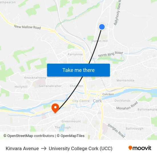 Kinvara Avenue to University College Cork (UCC) map