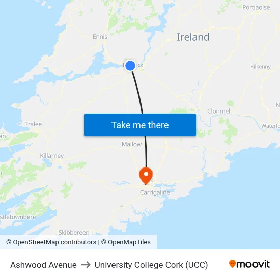 Ashwood Ave to University College Cork (UCC) map