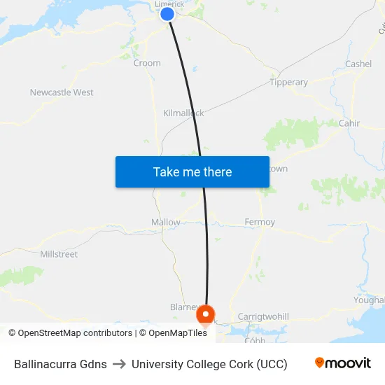 Ballinacurra Gdns to University College Cork (UCC) map