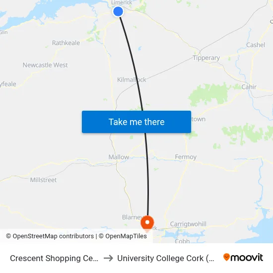 Crescent Shopping Centre to University College Cork (UCC) map