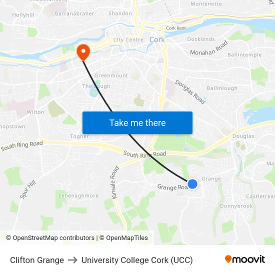 Clifton Grange to University College Cork (UCC) map