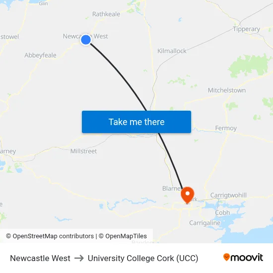 Newcastle West to University College Cork (UCC) map