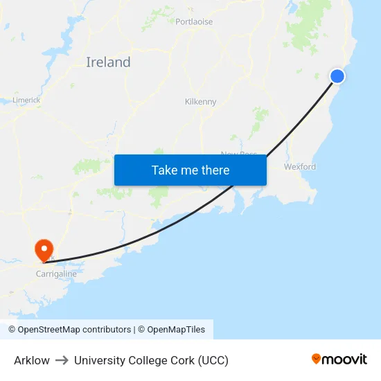 Arklow to University College Cork (UCC) map