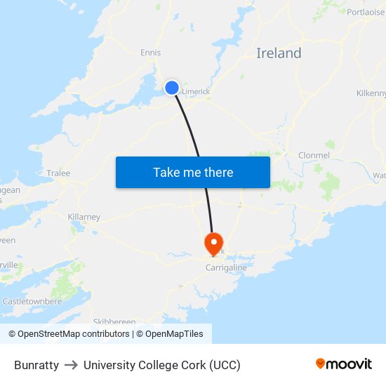 Bunratty to University College Cork (UCC) map