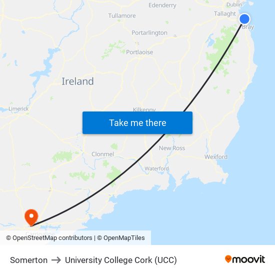 Somerton to University College Cork (UCC) map