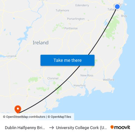 Dublin Halfpenny Bridge to University College Cork (UCC) map