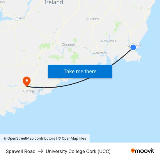 Spawell Road to University College Cork (UCC) map