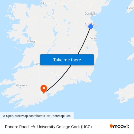 Donore Road to University College Cork (UCC) map