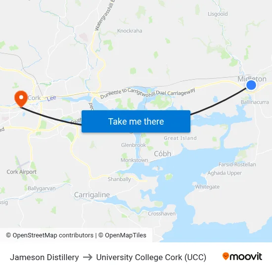 Jameson Distillery to University College Cork (UCC) map
