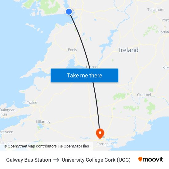 Galway Bus Station to University College Cork (UCC) map