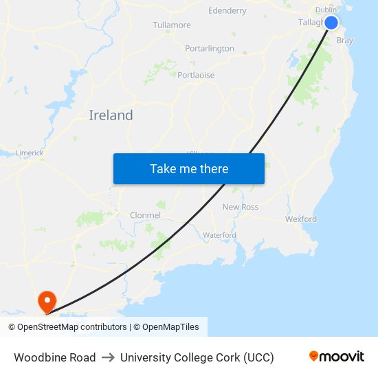 Woodbine Road to University College Cork (UCC) map