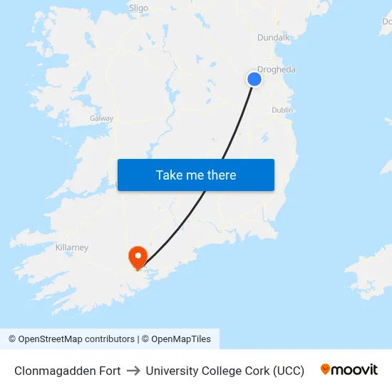 Clonmagadden Fort to University College Cork (UCC) map
