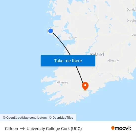 Clifden to University College Cork (UCC) map