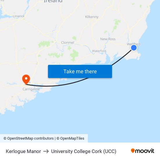 Kerlogue Manor to University College Cork (UCC) map