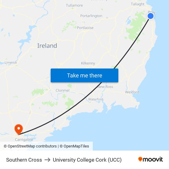 Southern Cross to University College Cork (UCC) map