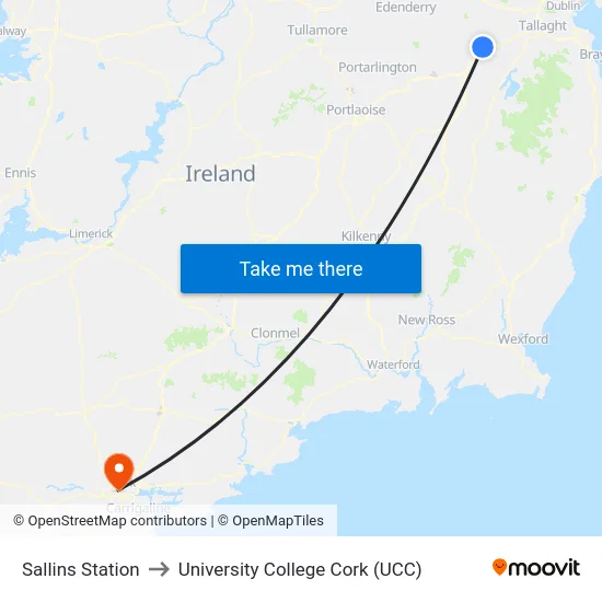 Sallins Station to University College Cork (UCC) map
