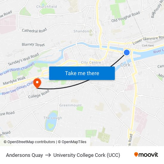 Andersons Quay to University College Cork (UCC) map