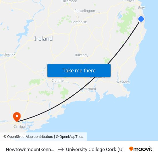 Newtownmountkennedy to University College Cork (UCC) map