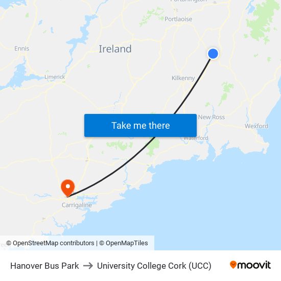 Hanover Bus Park to University College Cork (UCC) map