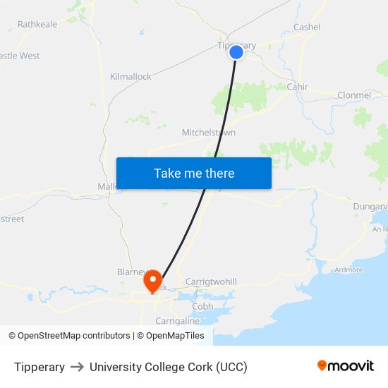 Tipperary to University College Cork (UCC) map