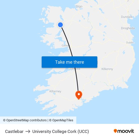 Castlebar to University College Cork (UCC) map