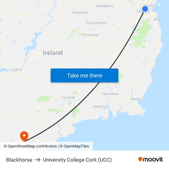 Blackhorse to University College Cork (UCC) map