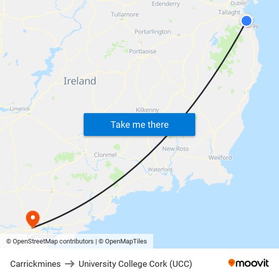 Carrickmines to University College Cork (UCC) map