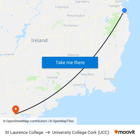 St Laurence College to University College Cork (UCC) map