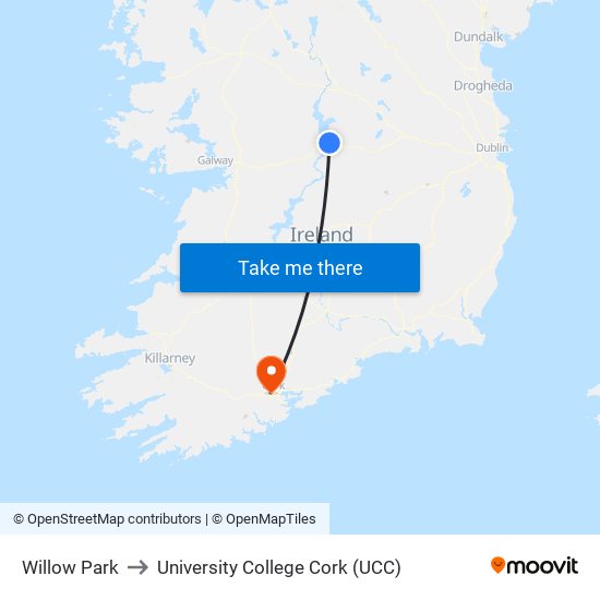 Willow Park to University College Cork (UCC) map