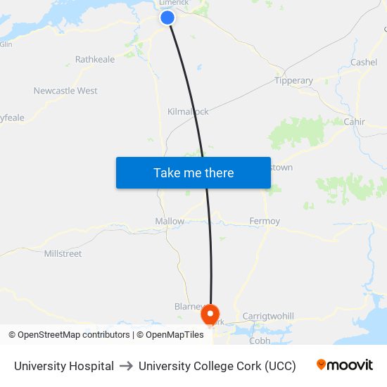 University Hospital to University College Cork (UCC) map