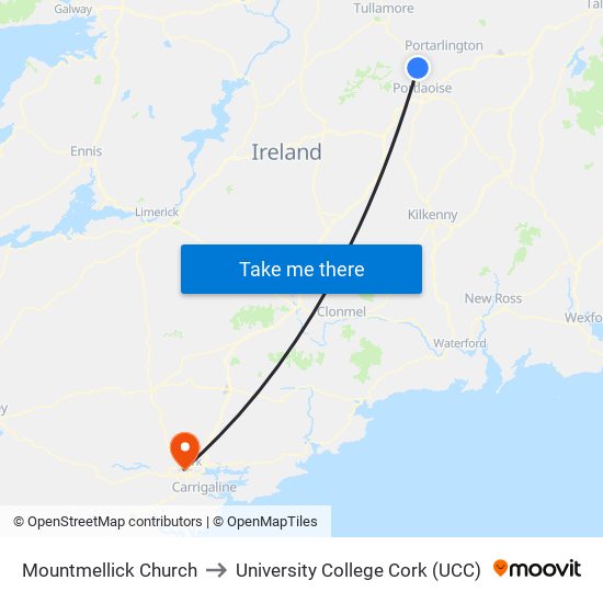 Mountmellick Church to University College Cork (UCC) map