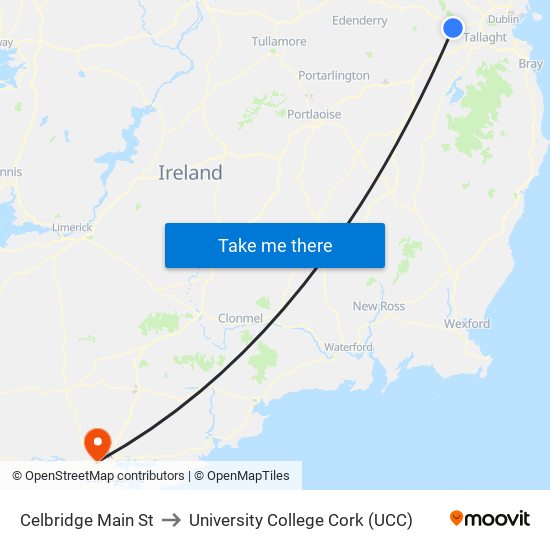Celbridge Main St to University College Cork (UCC) map