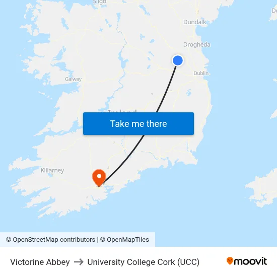 Victorine Abbey to University College Cork (UCC) map
