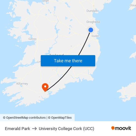 Emerald Park to University College Cork (UCC) map